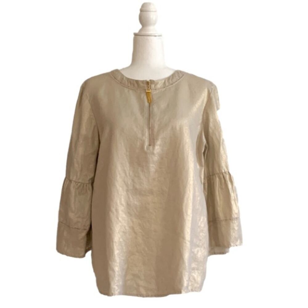 Ellen Tracy Tunic Top Blouse 100% Linen Metallic Gold Bell Sleeve Top Size Large